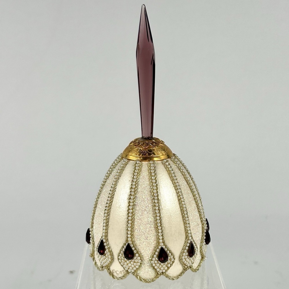 Jeweled Beaded Bell Purple Top Faux Pearl Cream Gold Decor 5" Victorian Style